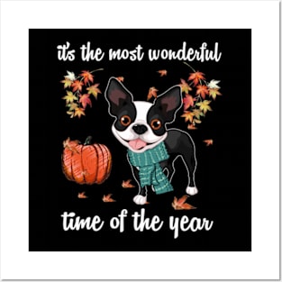 Boston Terrier Dog Autumn Fall Most Wonderful Time Maple Posters and Art